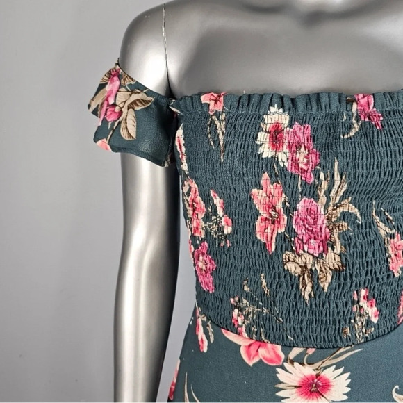 Windsor Green and Pink Floral High Low Maxi Dress with Off Shoulder Sleeve - Picture 5 of 6